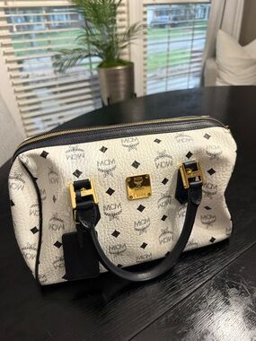 MCM White Visetos Satchel with Black Trim and Gold Hardware